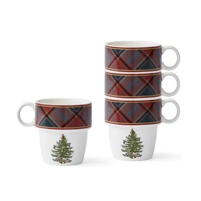 Spode Christmas Tree Tartan Stacking Mugs S/4 In Red