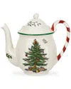 Spode Christmas Tree Teapot With Candy Cane Handle In White