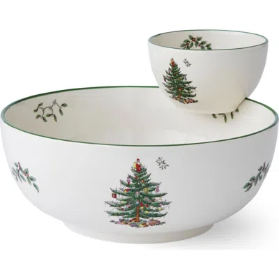 Spode Christmas Tree Tiered Chip And Dip 10" In Green