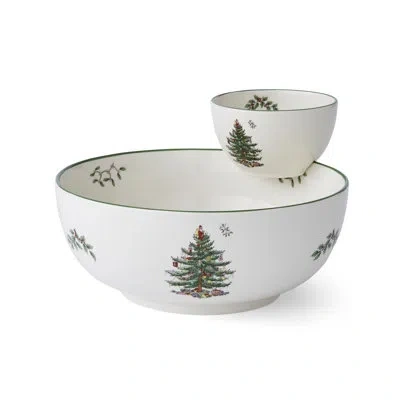 Spode Christmas Tree Tiered Chip And Dip 10" In White