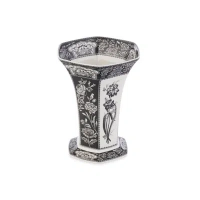 Spode Heritage Collection Hexagonal Vase Floral 10.5" In Black;white