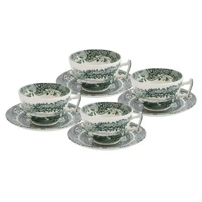 Spode Heritage Green Italian 7 Oz. Teacups & Saucers, Set Of 4