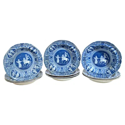 Pre-owned Spode Neo-classical Greek Pattern Blue Soup Plates- Set Of Ten