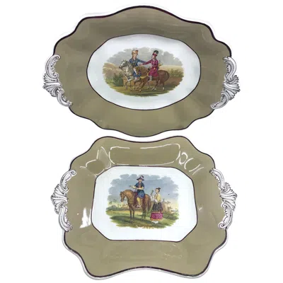 Pre-owned Spode Pair Equestrian Serving Plates / Serving Dishes In Gray