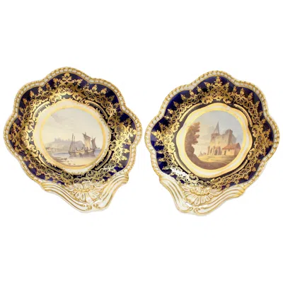 Pre-owned Spode Pair Of Antique  Topographical Porcelain Cobalt Blue Border Shrimp Bowls