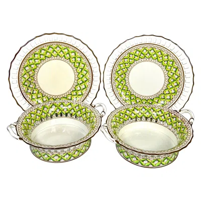 Pre-owned Spode Pair Of  19th C Pierced Green Chestnut Baskets & Under Plates