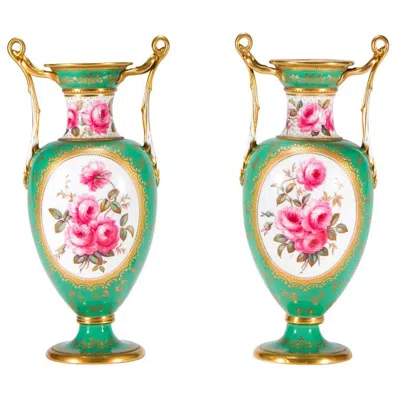 Pre-owned Spode Pair Of  Porcelain Vases W/ Hand Painted Rose Specimens Artist Signed In Red