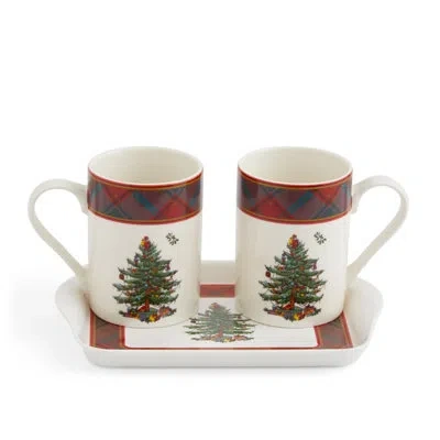 Spode Pimpernel Christmas Tree 3pc Mug & Tray St Tartan In White;green;red