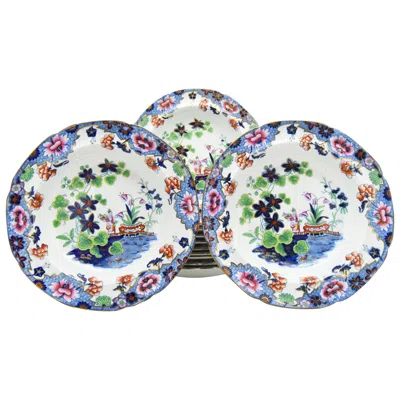 Pre-owned Spode Set Of 12  Newstone Aesthetic Movement Japanese Garden Soup Bowls Ca. 1840 In Gray