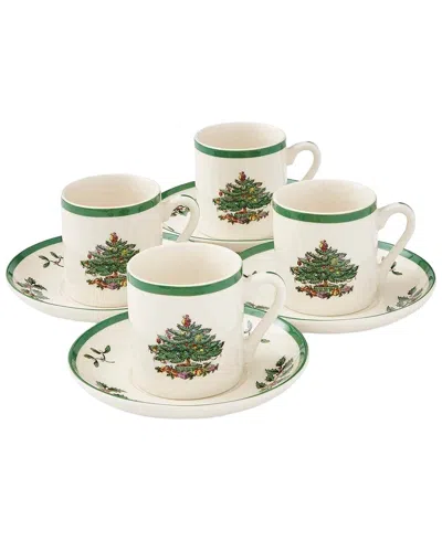 Spode Set Of 4 Christmas Tree 3oz Espresso Cups & Saucers In Green