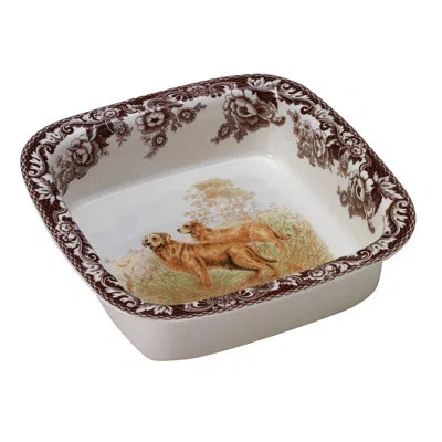 Spode Woodland Dogs Sq Rim Dish 10" Golden Ret In Brown;white