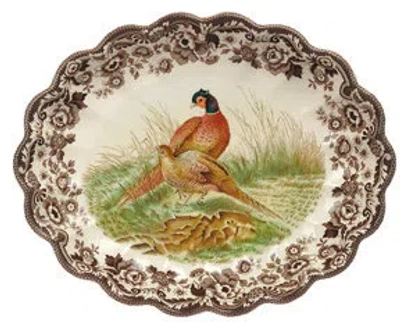 Spode Woodland Oval Fluted Dish 14.5" Pheasnt In Brown;green