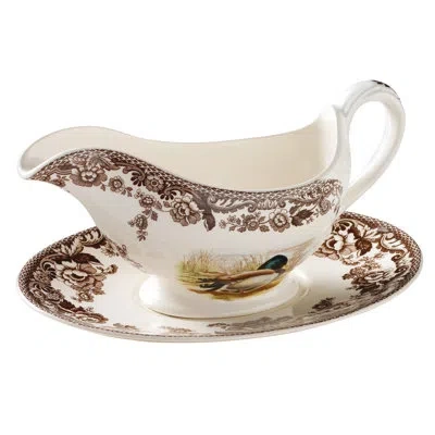 Spode Woodland Sauce Boat & Std Mall/snp/rabt In Brown;white