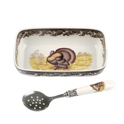Spode Woodland Turkey Cranberry Dish W-slotted Spoon In White