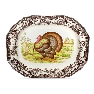 Spode Woodland Turkey Platter 19" Octagl Turkey In Brown;white;yellow