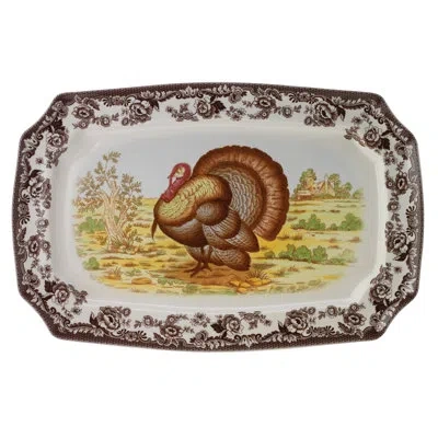 Spode Woodland Turkey Rect Platter 17.5" Turkey In Brown;white