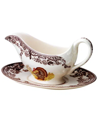 Spode Woodland Turkey Sauce Boat & Stand In Brown
