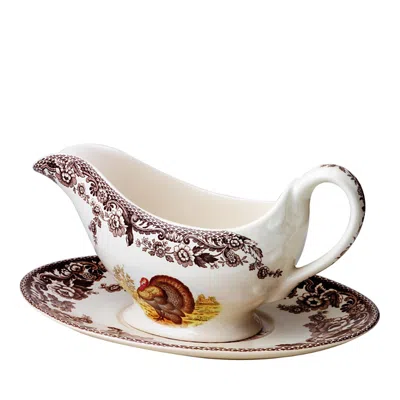 Spode Woodland Turkey Sauce Boat & Stand In Brown