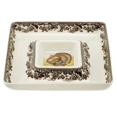 Spode Woodland Turkey Sq Chip & Dip 1pc 12" Turkey In Brown;white;yellow