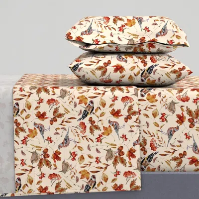 Spoonflower 10" Watercolor Hand Painted Fall Forest Birds And Leaves - Beige Blush King Sheet Set