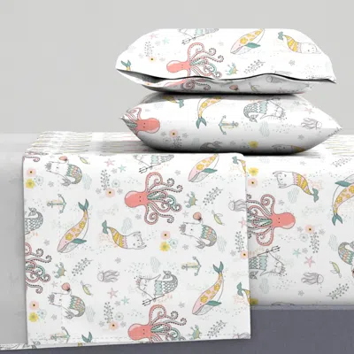 Spoonflower 10.5" Mermaid Cat Nautical Paradise King Sheet Set