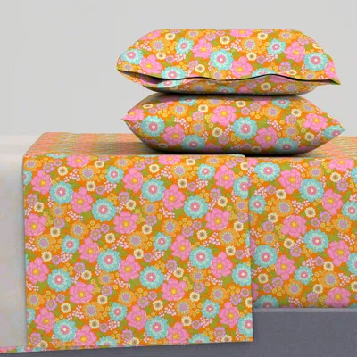 Spoonflower 1970s Retro Floral Garden Pink Orange Small Full Sheet Set