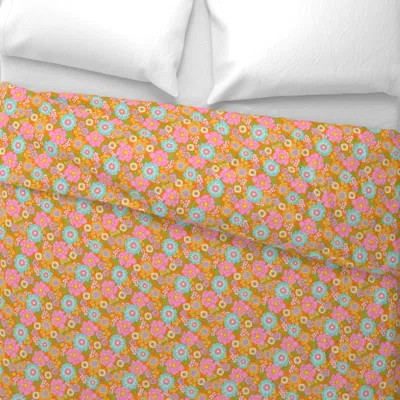 Spoonflower 1970s Retro Floral Garden Pink Orange Small Wide Cotton Sateen 3.5 oz 26" X 20" Standard Knife Edge