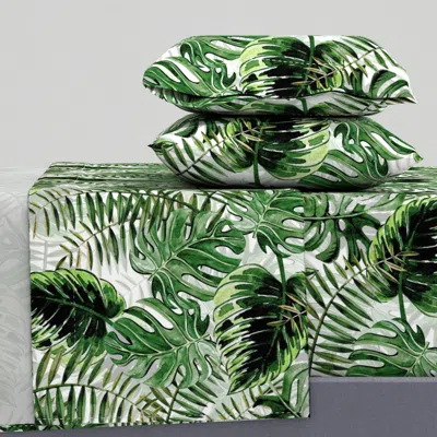 Spoonflower 24" Bohemian Hand Drawn Tropical Jungle Garden King Sheet Set In Green