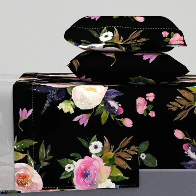Spoonflower 36" Colette Blooms - Black King Sheet Set