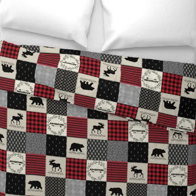 Spoonflower 4 1/2 Adventure Patchwork Quilt Black Red + Cream Woodland Bear Moose Wide Cotton Sateen 3.5 oz 26" 