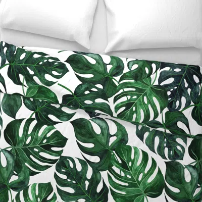 Spoonflower 40 Jumbo Monstera Leaves - Dark Green On White - Wallpaper Wide Cotton Sateen 3.5 oz 26" X 20" Stand