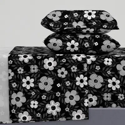 Spoonflower 60s Flowers - Greys On Black King Sheet Set
