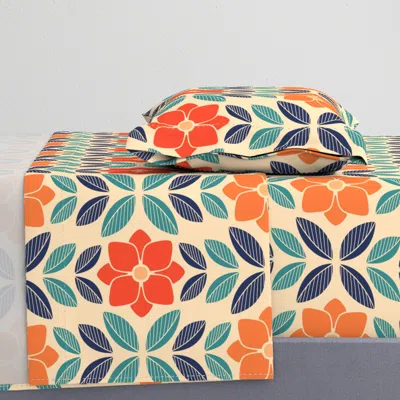 Spoonflower 70s Retro Field Of Orange And Blue Flowers Cute Girls Soft Twin Xl Sheet Set