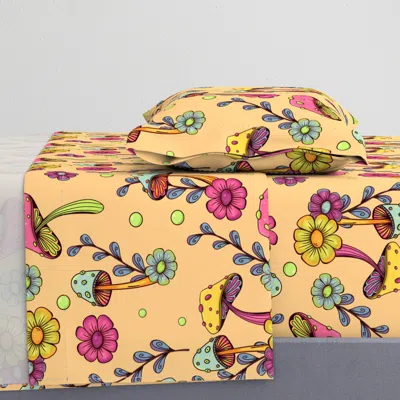 Spoonflower 70s Shrooms And Flowers Twin Sheet Set