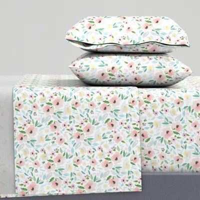 Spoonflower 8" Blush And Sky Blue Florals Free Falling Full Sheet Set