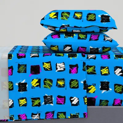 Spoonflower 90s Grunge Paint Stroke Squares On Blue Queen Sheet Set