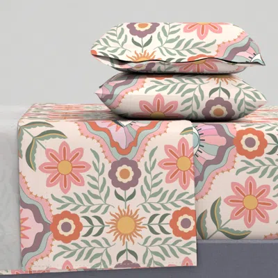 Spoonflower Aesthetic Retro Floral With Eyes - Pink Green Orange - Large King Sheet Set