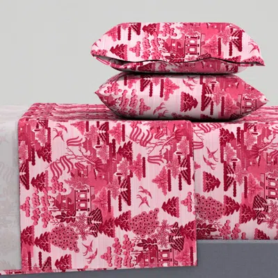Spoonflower Antique Chinoiserie Toile Viva Magenta King Sheet Set