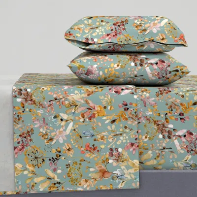 Spoonflower Antique Floral Wild Grasses Earthy Botanicals Gold Teal Grandmillennial 70s Queen Sheet
