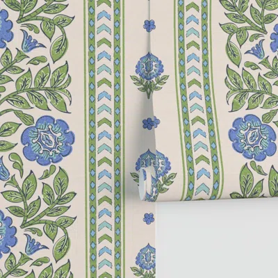 Spoonflower Aprajita - Indian Floral Block Print- Blue And Green - Large Scale Performance 2' X 12' In Multi