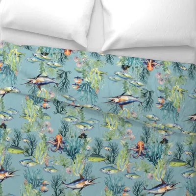 Spoonflower Aqua Wonderland On French Blue Wide Cotton Sateen 3.5 oz 26" X 20" Standard Knife Edge