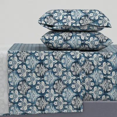 Spoonflower Art Deco Block Print Floral - In Teal Blue - Small King Sheet Set