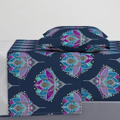Spoonflower Art Deco Lotus Rising In Midnight Purples 2 - Spaced Out Version Twin Sheet Set
