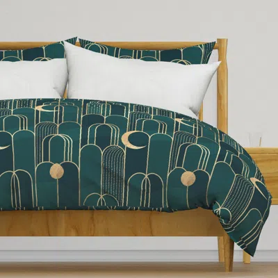 Spoonflower Art Deco Moon And Waterfall In Duvet Cover In Green