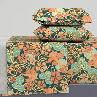 Spoonflower Art Nouveau Nasturtium In Peach Coral Pink Against Petrol Teal Blue Queen Sheet Set