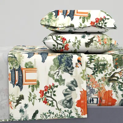 Spoonflower Asian Inspired Rural Landscape In Green And Burnt Orange On Ivory King Sheet Set