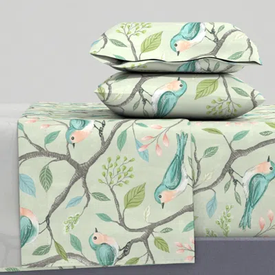 Spoonflower Baby Blue Bluebirds On Branches Queen Sheet Set In Multi