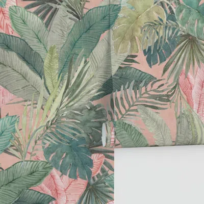 Spoonflower Bali - Green Pink Jungle Watercolour Palm - Banana And Monstera Leaves Performance 2' X 12' In Multi