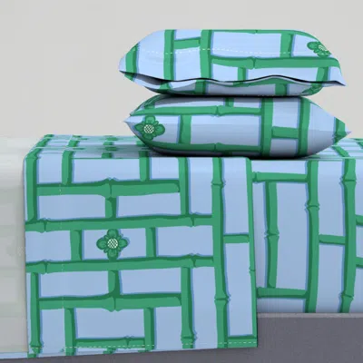 Spoonflower Bamboo Trellis - Green On Blue - Large Queen Sheet Set
