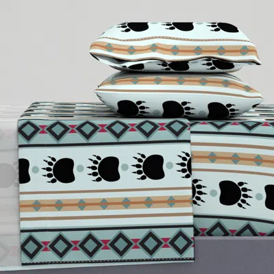 Spoonflower Bear Paw Stripe Light Teal Extra Large Queen Sheet Set